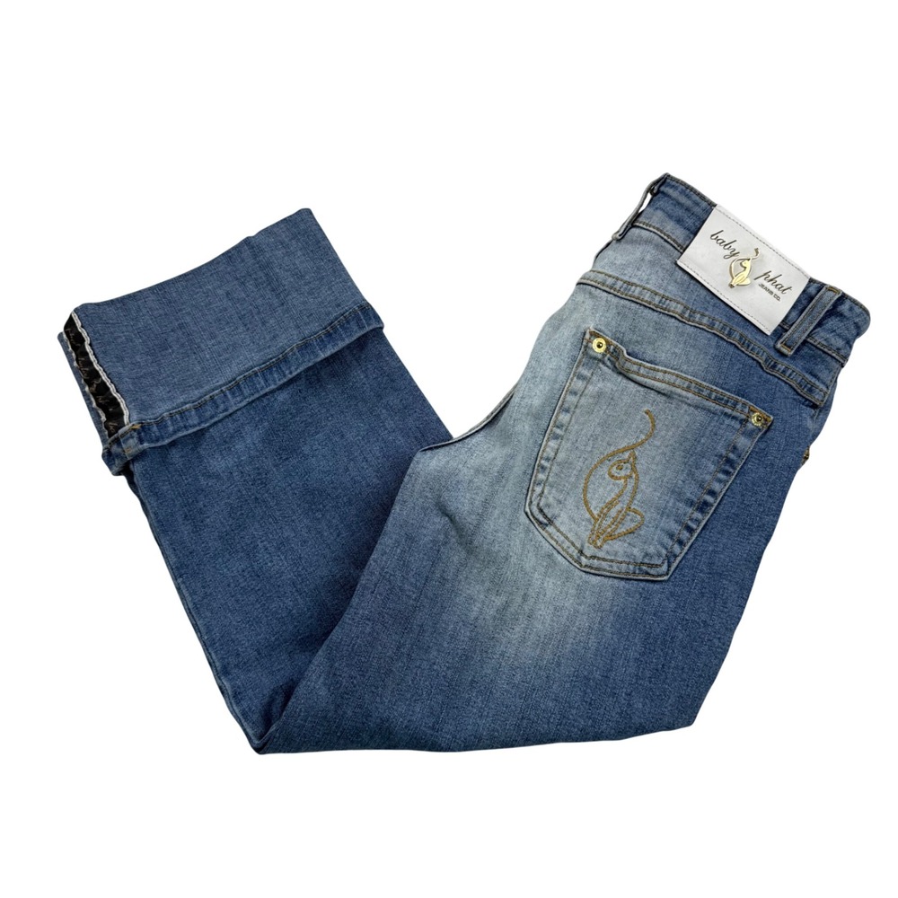 Baby Phat Vintage Y2K Wide Leg Cropped Cuffed Jeans Blue Size 9 Rhinestone